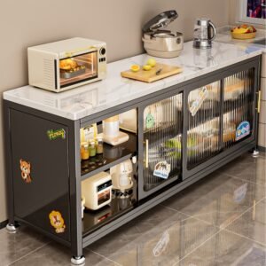 Rock slab kitchen storage rack, floor-standing multi-tiered sideboard cabinet with sliding doors, multifunctional small appliance storage cabinet