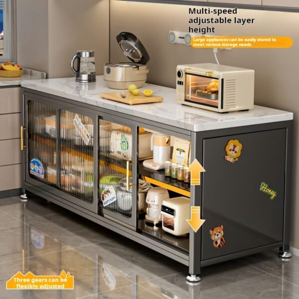 Rock slab kitchen storage rack, floor-standing multi-tiered sideboard cabinet with sliding doors, multifunctional small appliance storage cabinet - Image 2