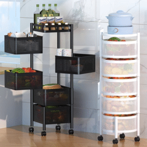 Kitchen rotating storage rack, home-use floor-standing multi-layer snack box, living room fruit and vegetable basket, small trolley storage rack, mobile - White, 4-layer round